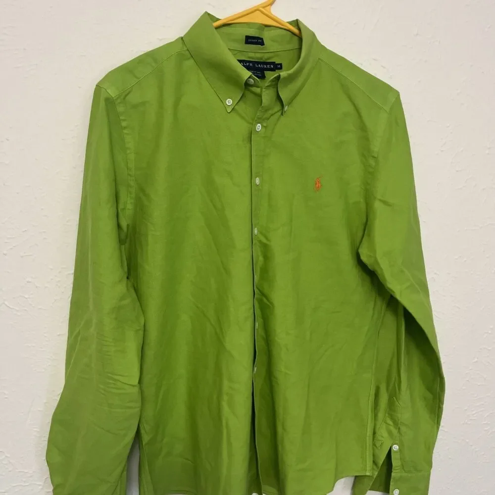 RALPH LAUREN Boys Classic Long Sleeve Shirt Button Front Green Slim Fit Size 14